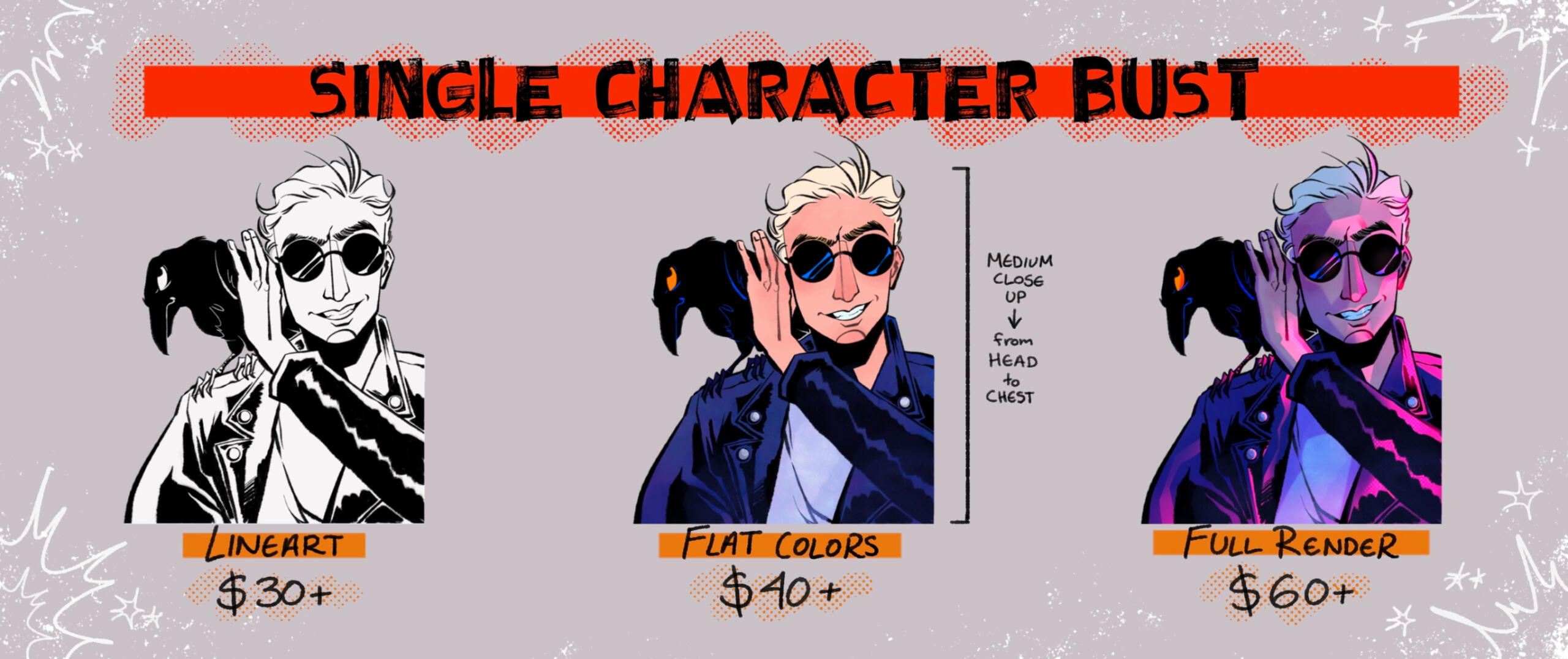 Busts = a Medium Close Up shot, from head to mid-way down the chest.