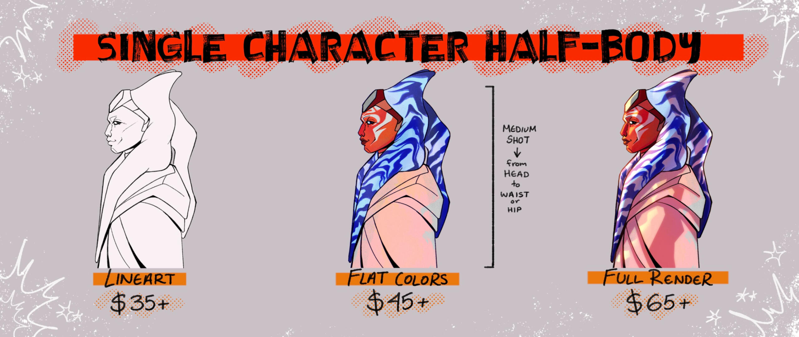 Half-Body = a Medium Shot, from head to waist or hip.